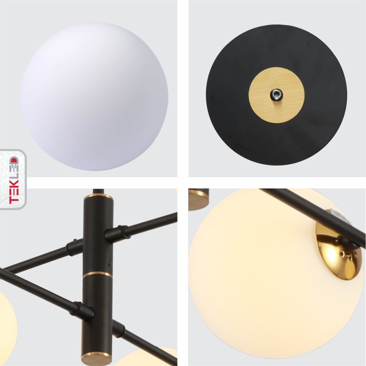 Detailed shots of White Globe Glass Black Rod Body Ceiling Light Modern Sputnik Tiered Nordic Kitchen Island Chandelier with 10xG9 Fitting | TEKLED 159-17544