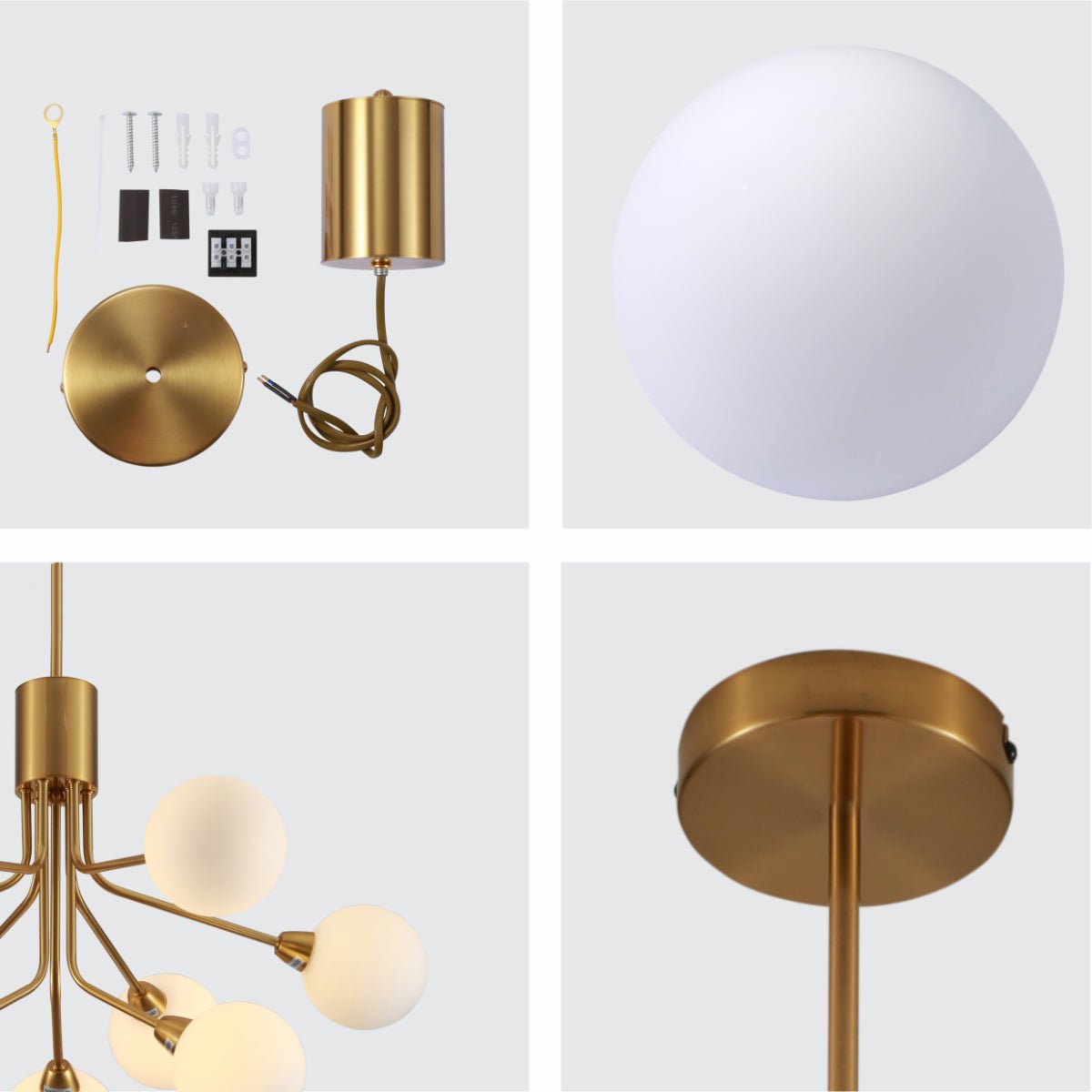 Detailed shots of White Globe Glass Gold Arm Body Pendant Chandelier Ceiling Light with 9xG9 | TEKLED 159-17552