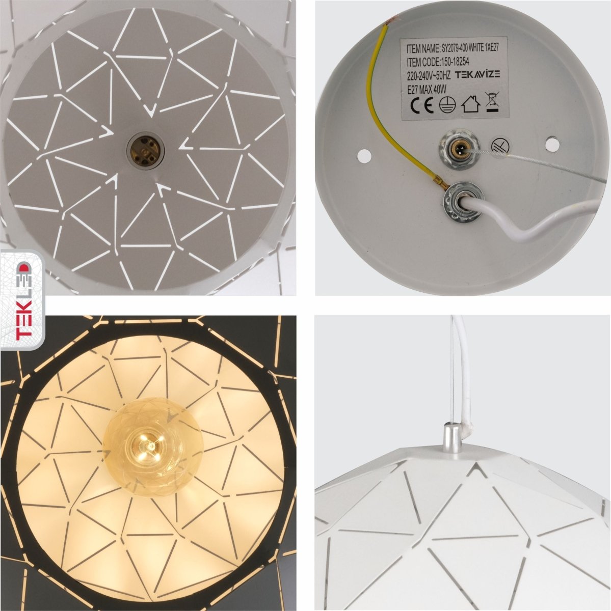 Detailed shots of White Metal Laser Cut Globe Pendant Light X Large with E27 Fitting | TEKLED 150-18254