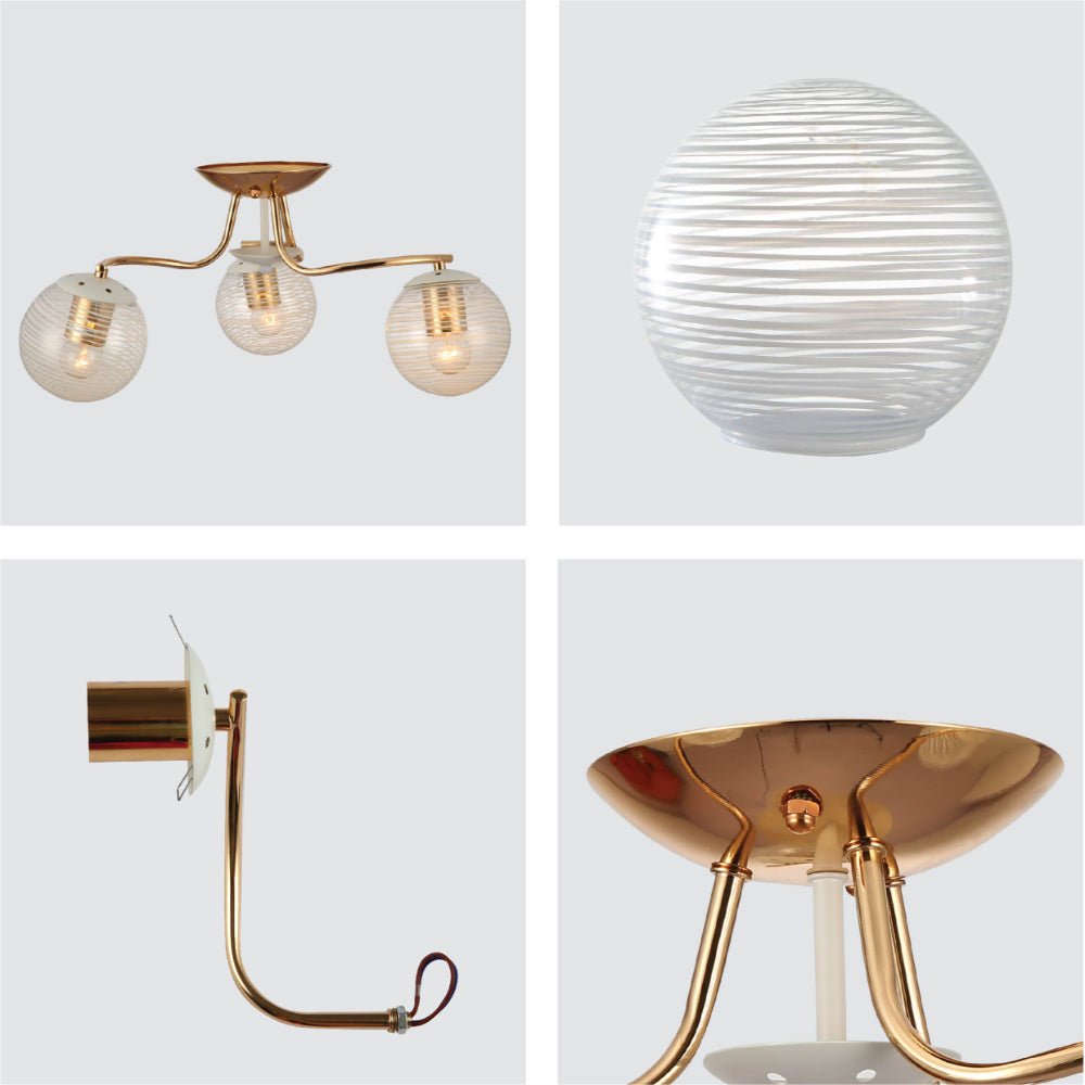 Detailed shots of White Striped Clear Globe Gold Semi Flush Ceiling Light E27 | TEKLED 159-17602