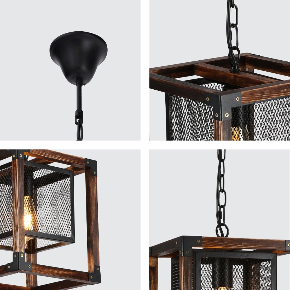 Detailed shots of Wood Cube Black Cage Lantern Rustic Pendant Ceiling Light with E27 Fitting | TEKLED 156-19528