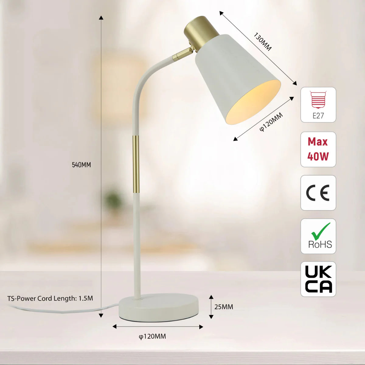 Size and certifications of Elegance Curve E27 Desk Lamp 130-03712