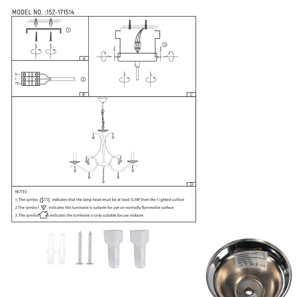 User manual for Elegant Chrome Chandelier Ceiling Light with Crystal Beads | TEKLED 152-171514