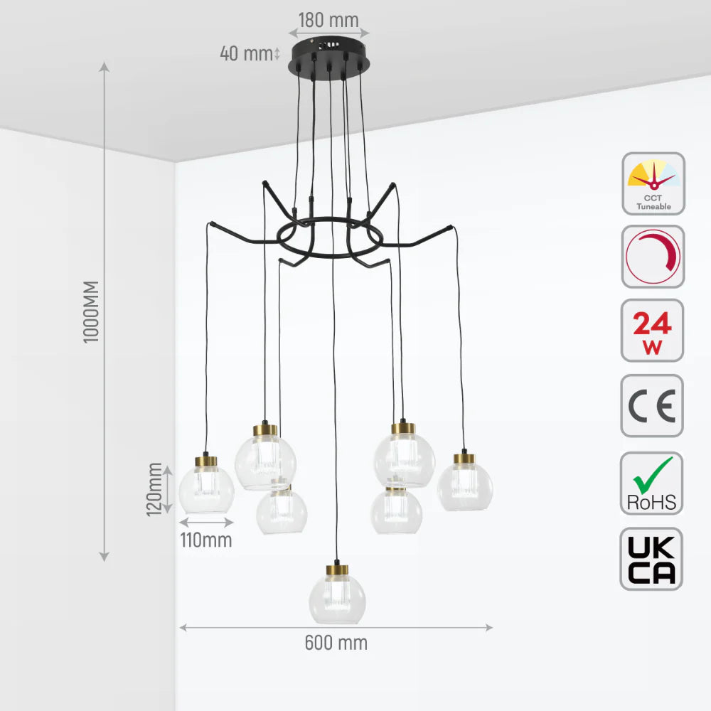 Size and tech specs of Eleganza Lumina Adjustable LED Chandeliers | TEKLED 159-17954