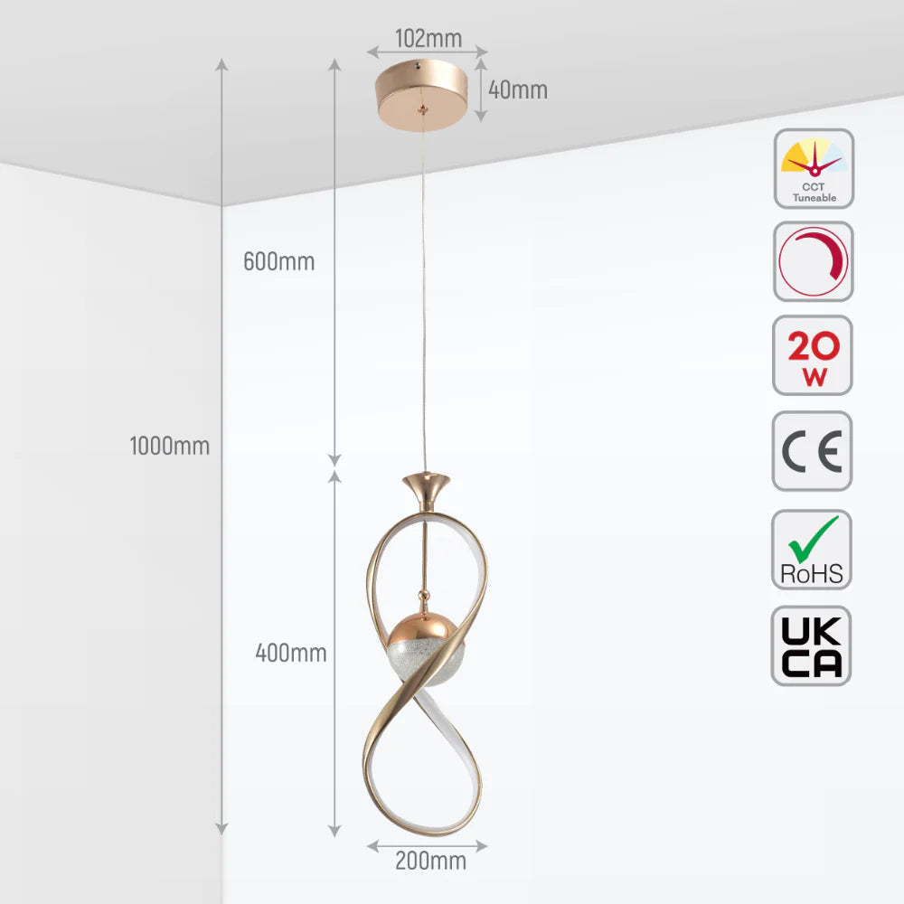 Size and tech specs of Eternity Pearl LED Pendant Ceiling Light Gold | TEKLED 159-17320