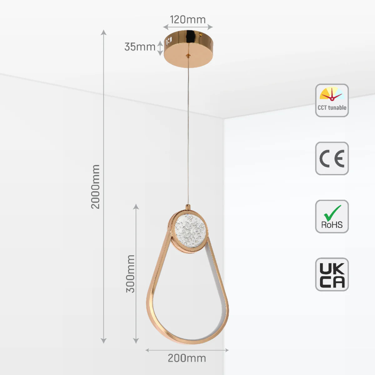 Size and certifications of Farrah Moon Pearl LED Pendant Light Gold 159-18117