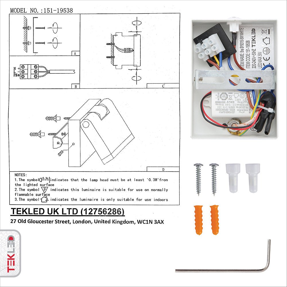 User manual and installation tools of Flat White Aluminium LED Swing Wall Light 5W Warm White