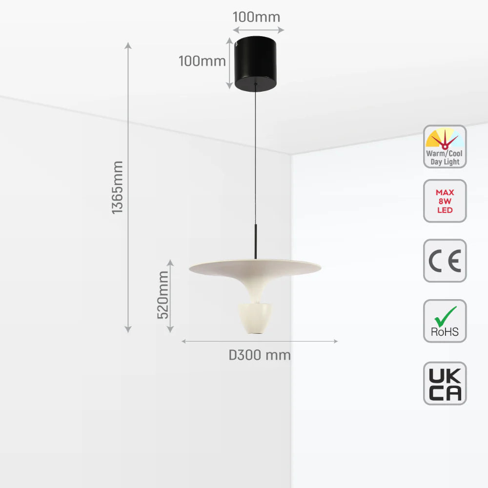 Size and certifications of Fountain Pendat Light brown CCT Changeble D300 8W 159-18115