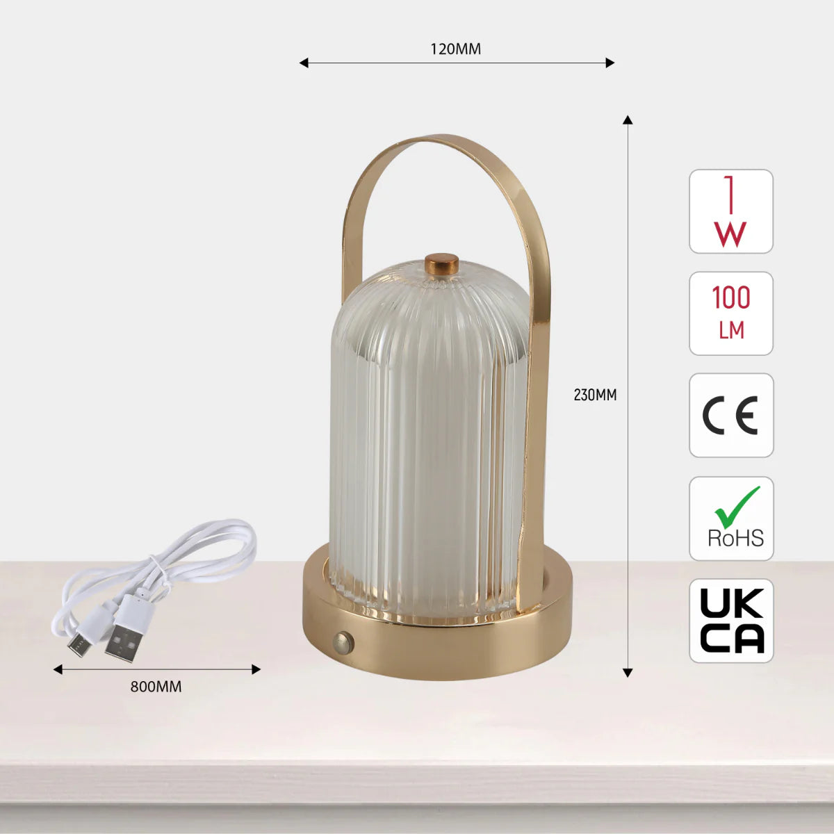 Size and certifications of Gleam Guard Rechargeable Lantern Lamp 130-03720