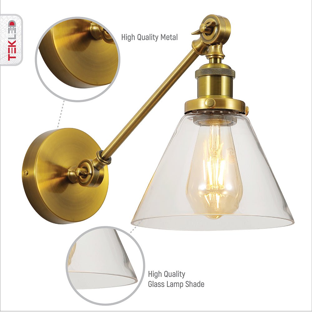 Features of Gold Aluminium Bronze Hinged Body Clear Glass Funnel Wall Light with E27 Fitting