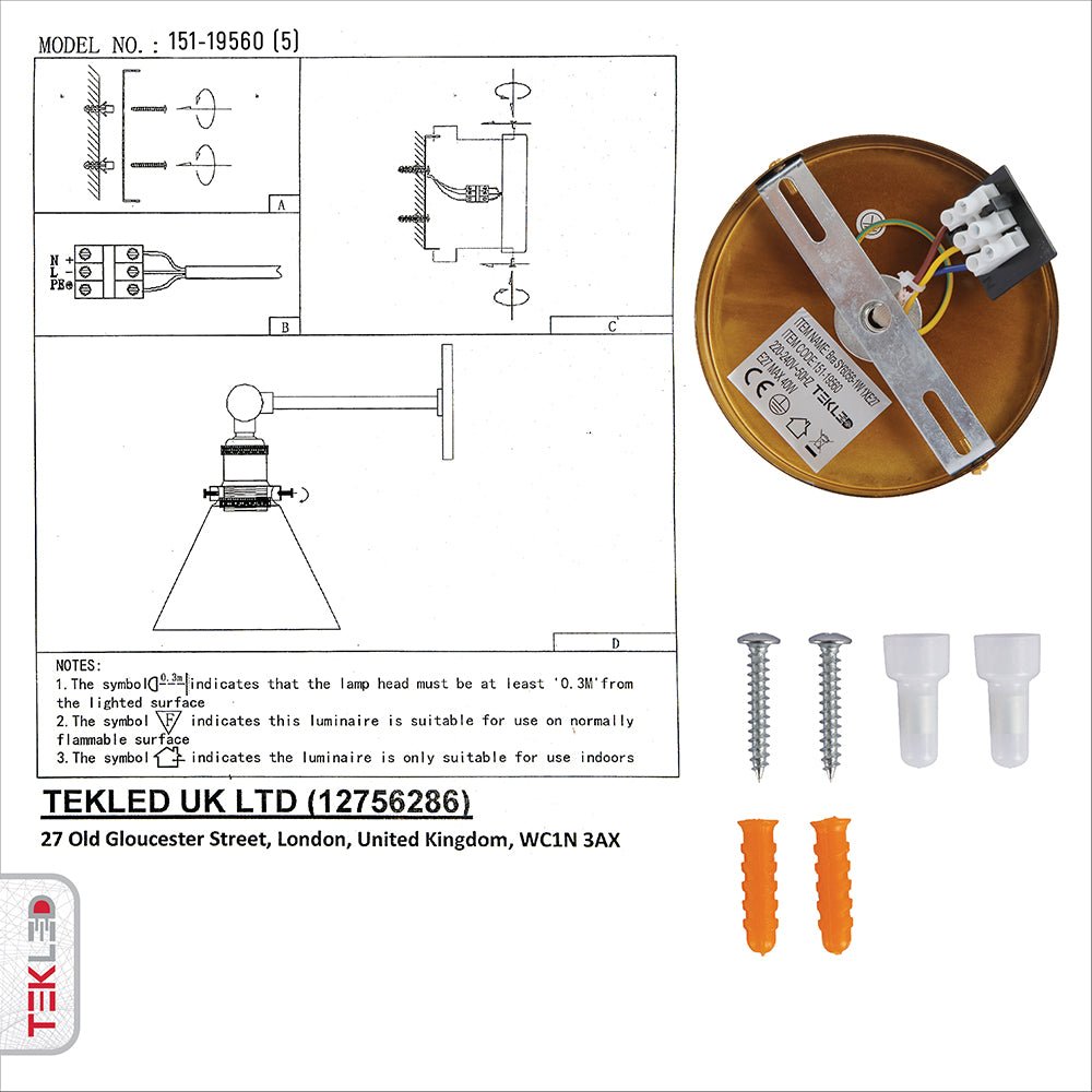 User manual and installation tools of Gold Aluminium Bronze Hinged Body Clear Glass Funnel Wall Light with E27 Fitting