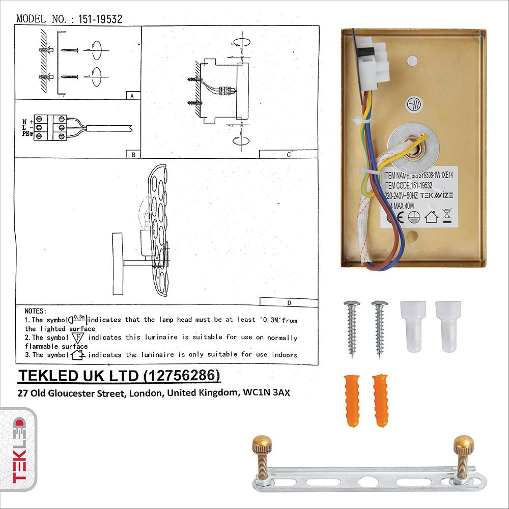 User manual and installation tools of Gold Aluminium Bronze Metal Clear Glass Wall Light with E14 Fitting