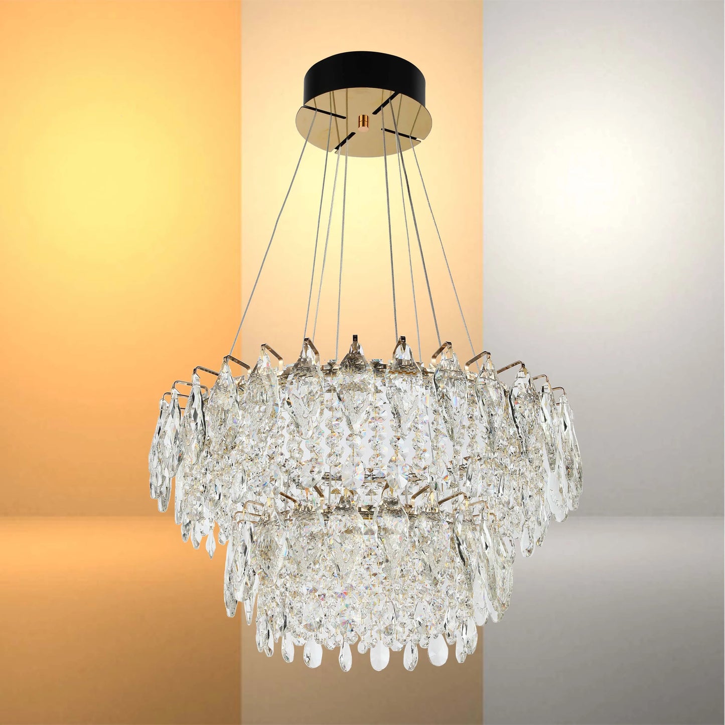Gold Crystal Chandelier - Round or Oval Design, Dimmable SMD LED with 3CCT, Adjustable Suspension