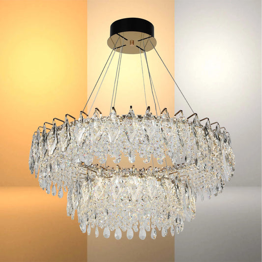 Gold Crystal Chandelier - Round or Oval Design, Dimmable SMD LED with 3CCT, Adjustable Suspension