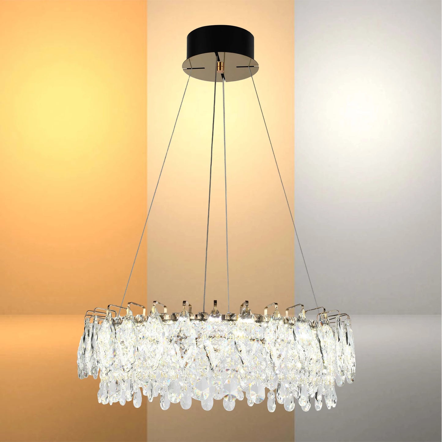 Gold Crystal Chandelier - Round or Oval Design, Dimmable SMD LED with 3CCT, Adjustable Suspension