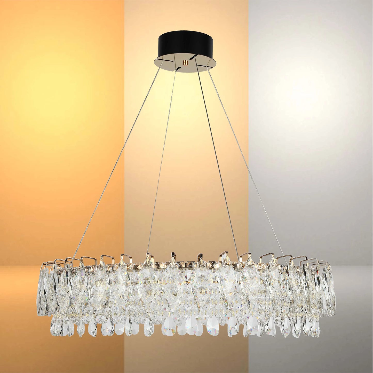 Gold Crystal Chandelier - Round or Oval Design, Dimmable SMD LED with 3CCT, Adjustable Suspension