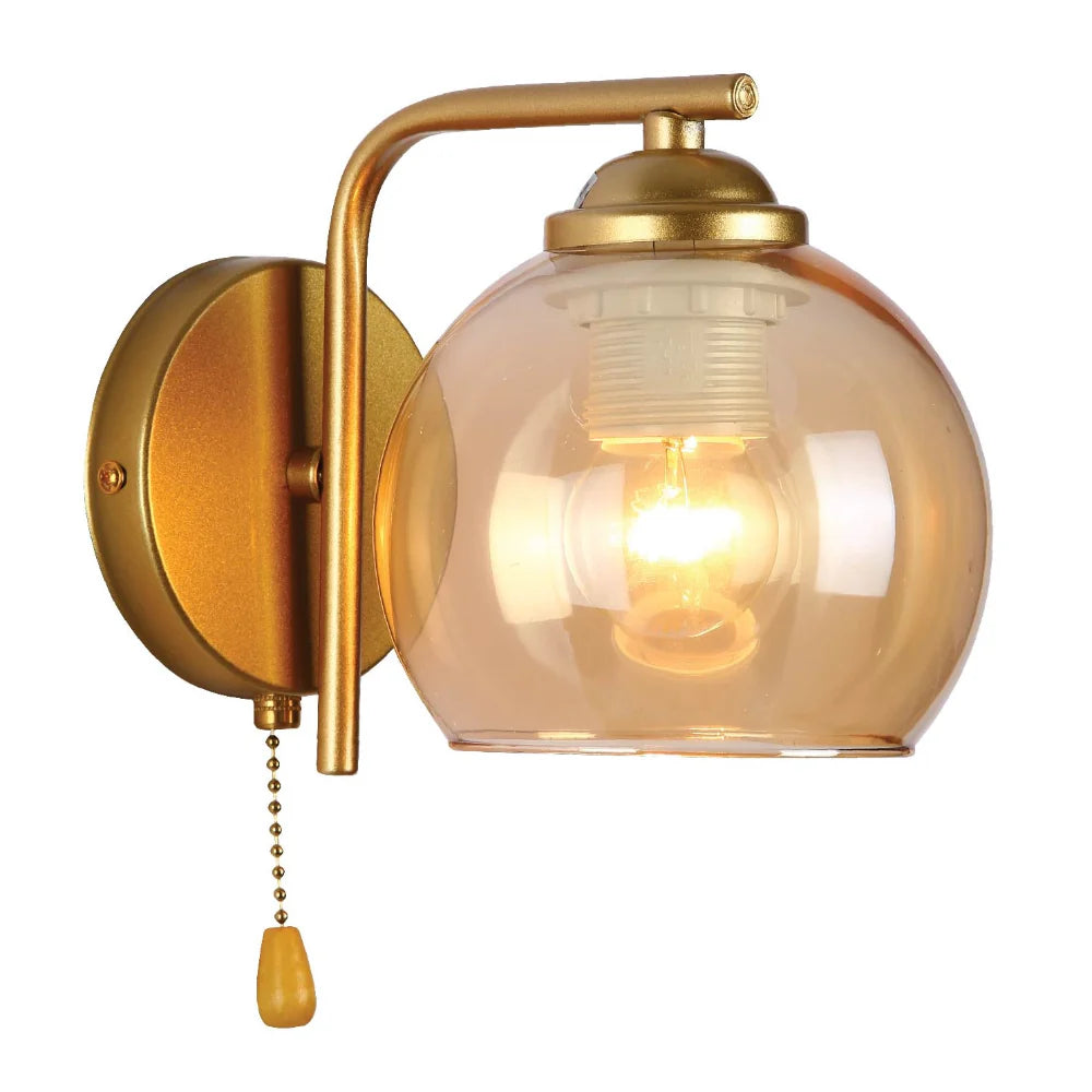 Main image of Gold L shape Metal Amber Dome Glass Wall Light E27 with Pull Down Switch | TEKLED 151-19768