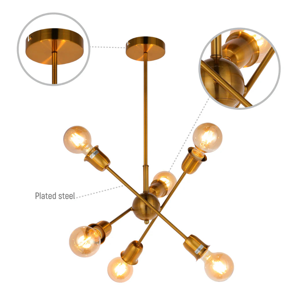 Close up of Golden Equilibrium Sphere Sputnik Chandelier | 6-Light Geometric Elegance Fixture | TEKLED 158-19536