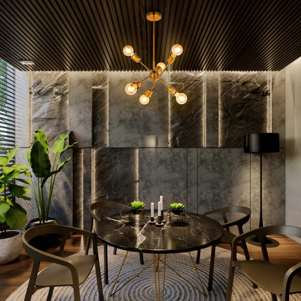 Interior use of Golden Equilibrium Sphere Sputnik Chandelier | 6-Light Geometric Elegance Fixture | TEKLED 158-19536