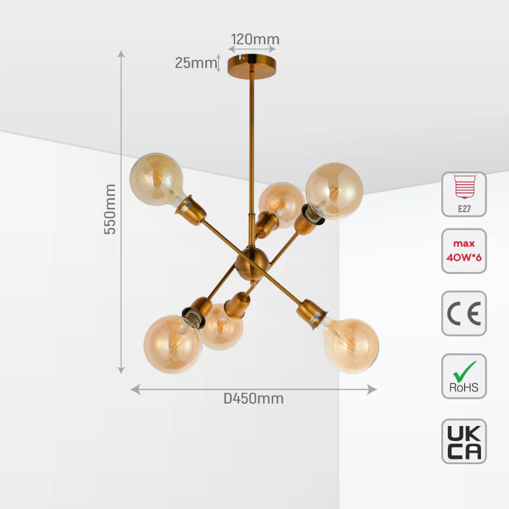 Size and tech specs of Golden Equilibrium Sphere Sputnik Chandelier | 6-Light Geometric Elegance Fixture | TEKLED 158-19536