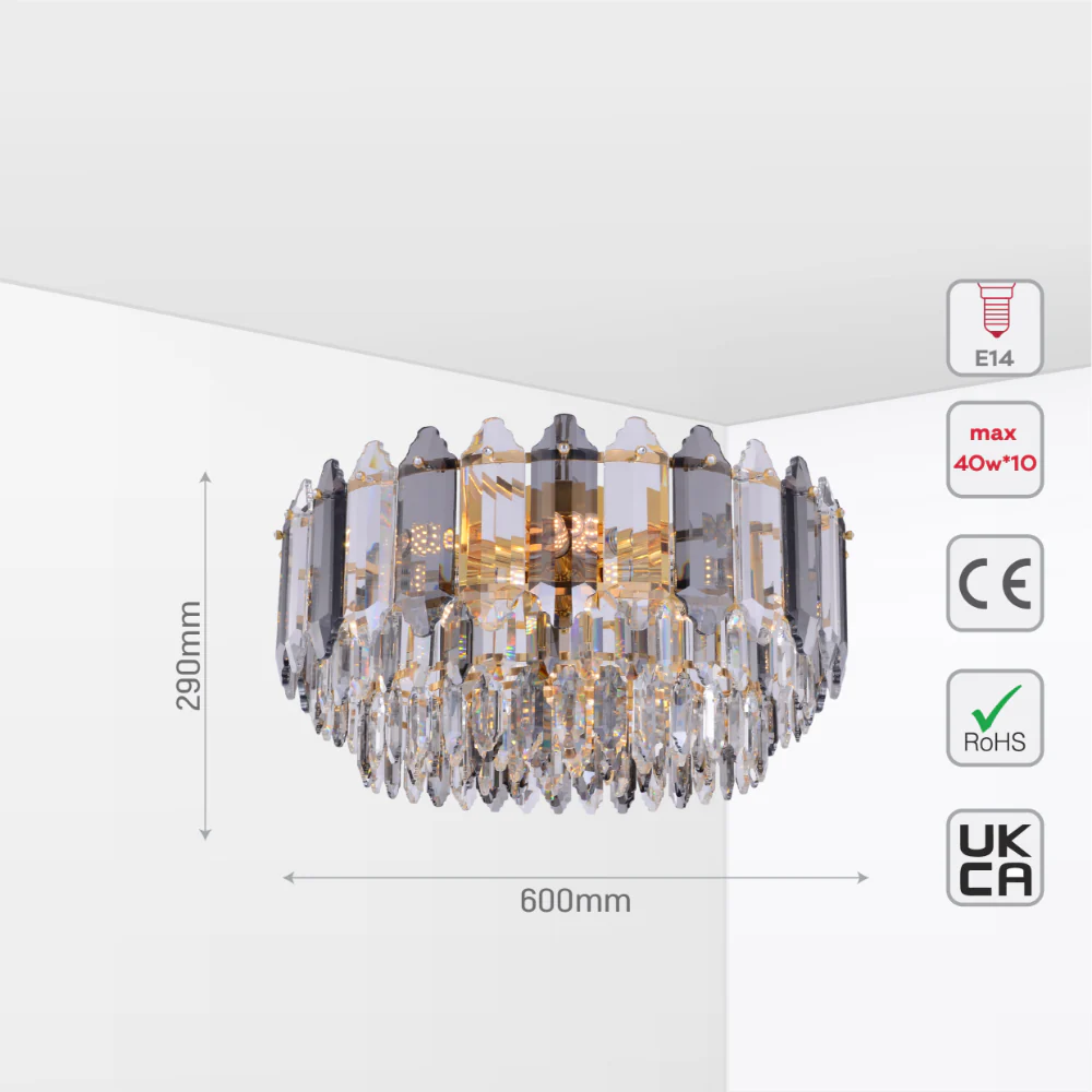 Size and tech specs of Golden Tiered Radiance Chandelier Ceiling Light with Alternating Crystal Hues | TEKLED 159-17922