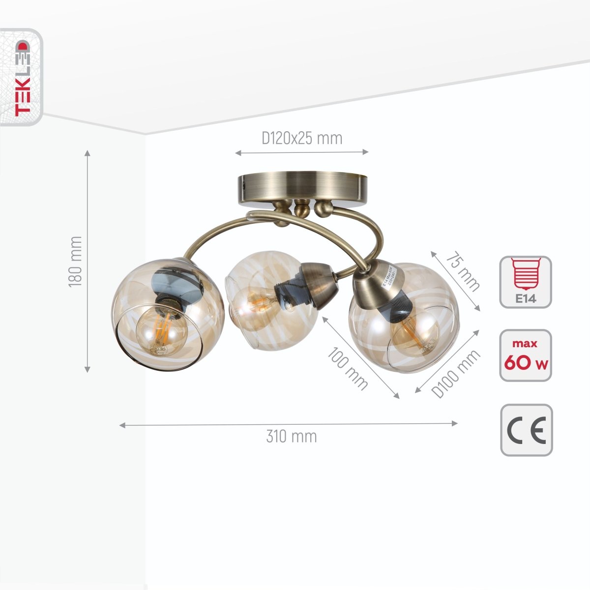 Product dimensions of amber glass antique brass semi flush ceiling light 3xe14