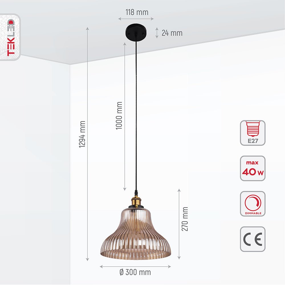 Product dimensions of amber glass cone striped pendant light with e27 fitting