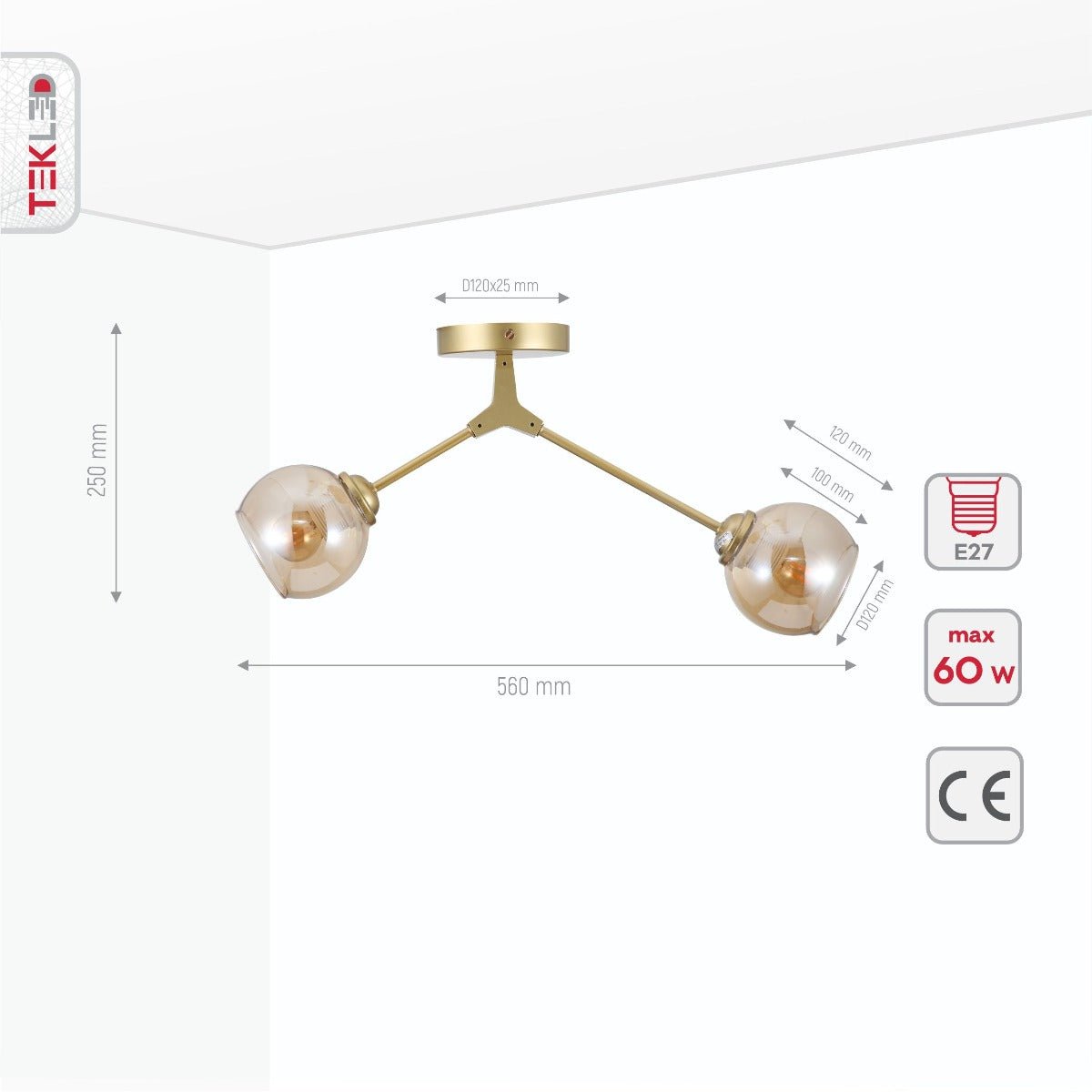 Product dimensions of amber glass dome gold aluminium bronze wishbone semi flush ceiling light 2xe27