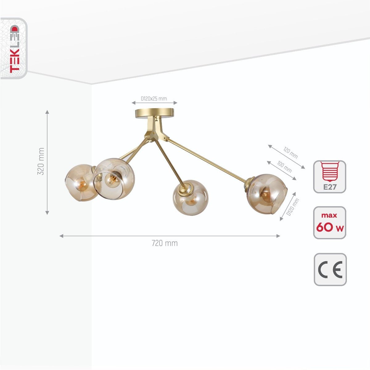 Product dimensions of amber glass dome gold aluminium bronze wishbone semi flush ceiling light 4xe27