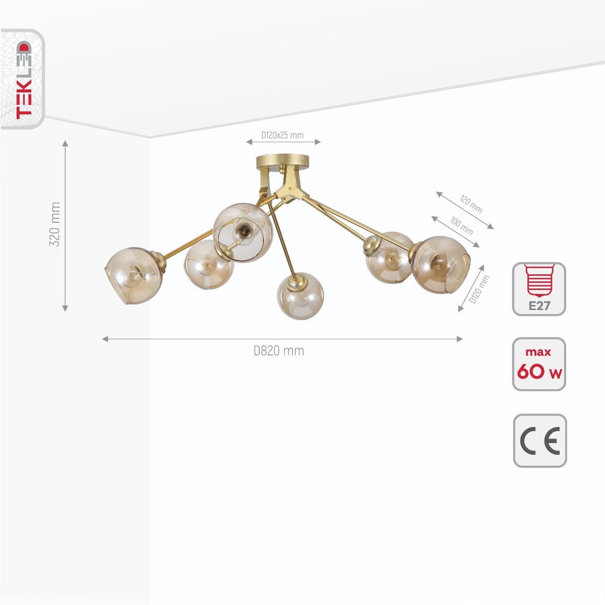 Product dimensions of amber glass dome gold aluminium bronze wishbone semi flush ceiling light 6xe27