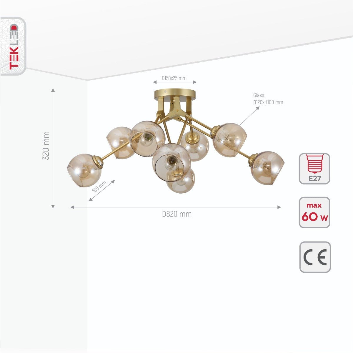 Product dimensions of amber glass dome gold aluminium bronze wishbone semi flush ceiling light 8xe27