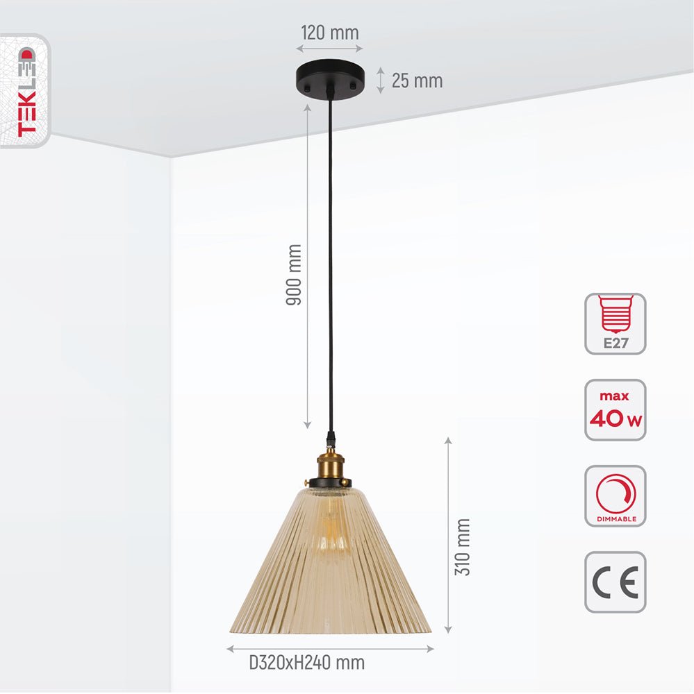 Product dimensions of amber glass funnel striped pendant light with e27 fitting