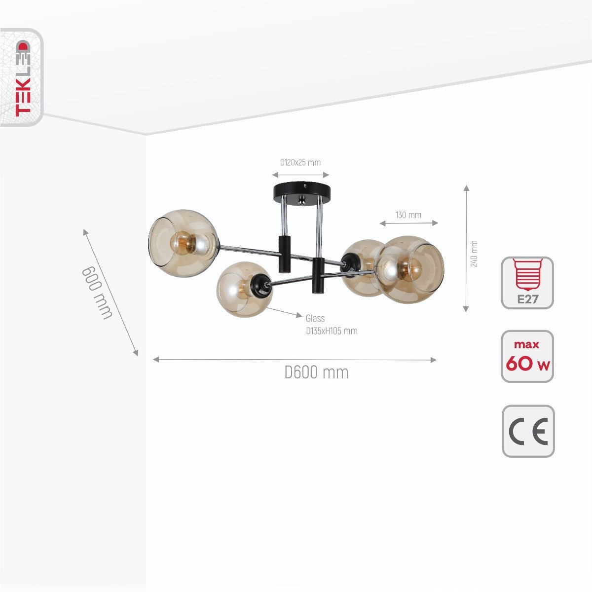 Product dimensions of amber glass globe chrome and black metal semi flush ceiling light 4xe27