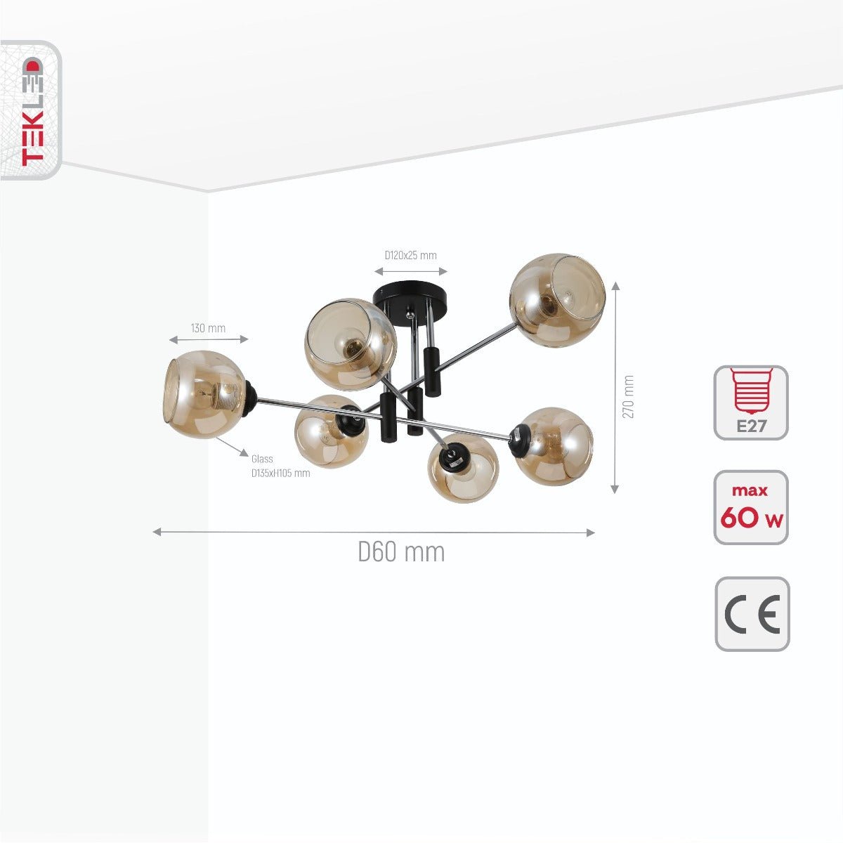 Product dimensions of amber glass globe chrome and black metal semi flush ceiling light 6xe27