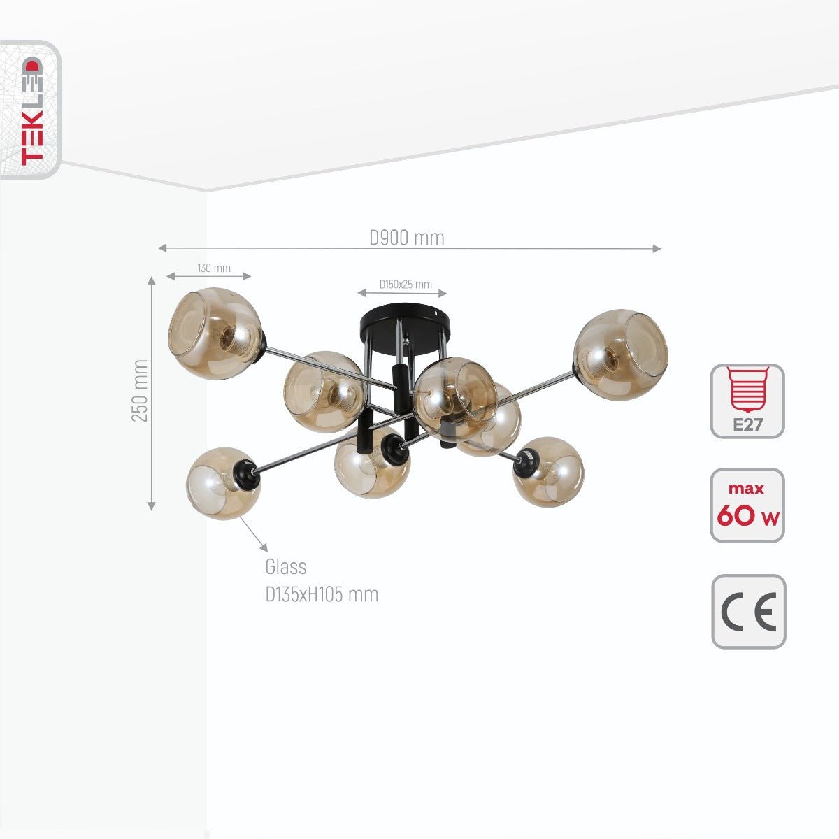 Product dimensions of amber glass globe chrome and black metal semi flush ceiling light 8xe27