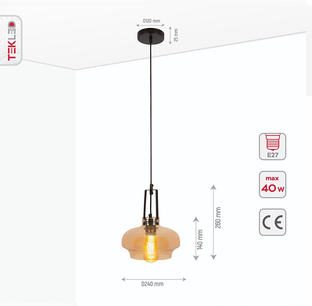 Product dimensions of amber glass step dome pendant light e27