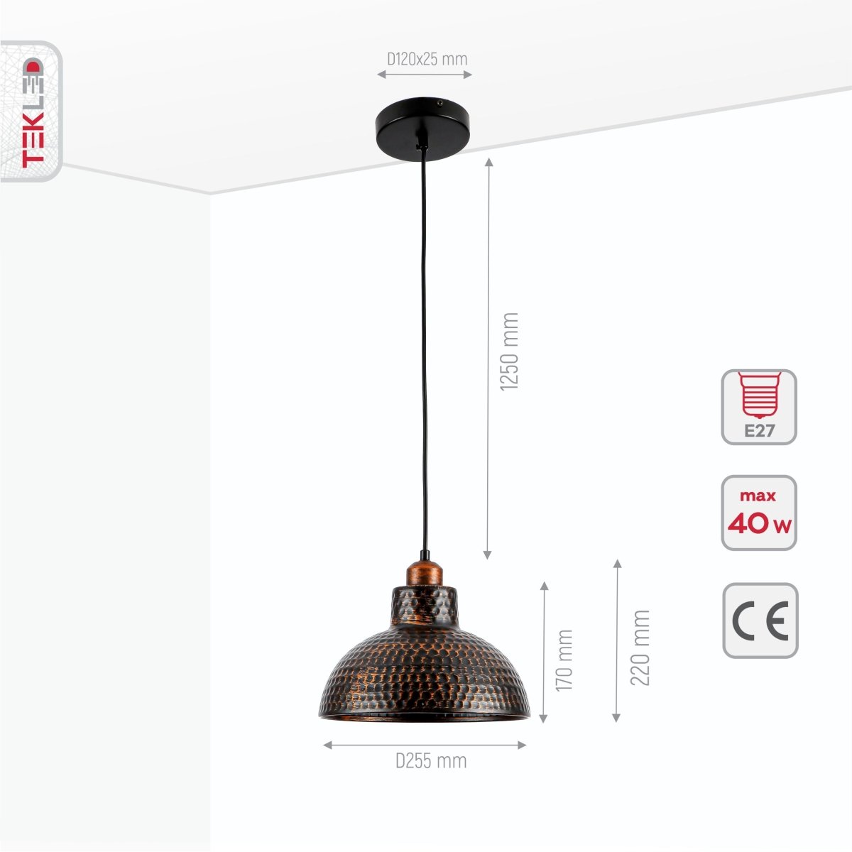 Product dimensions of black copper brush effect metal golden hammer dome pendant light e27