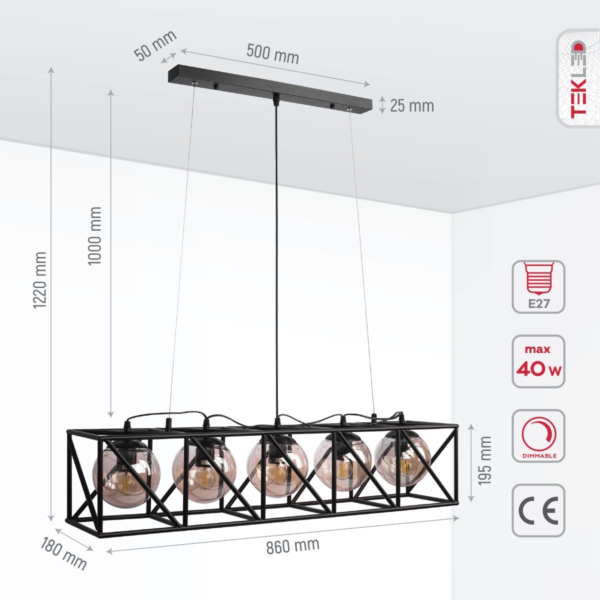 Product dimensions of black cuboid metal cylinder amber glass island chandelier with 5xe27 fitting