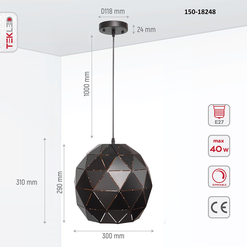 Product dimensions of black-golden metal globe pendant light with e27 fitting