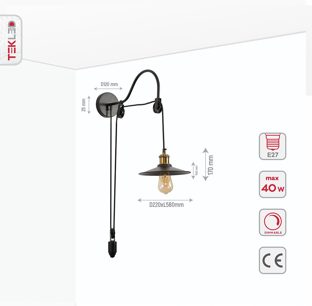 Product dimensions of black metal funnel pulley wall light e27