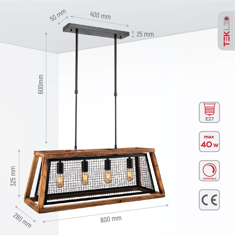 Product dimensions of black metal old wood cuboid island chandelier 4xe27