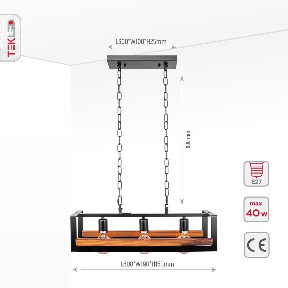 Product dimensions of black metal wood cuboid island chandelier with 3xe27 fitting