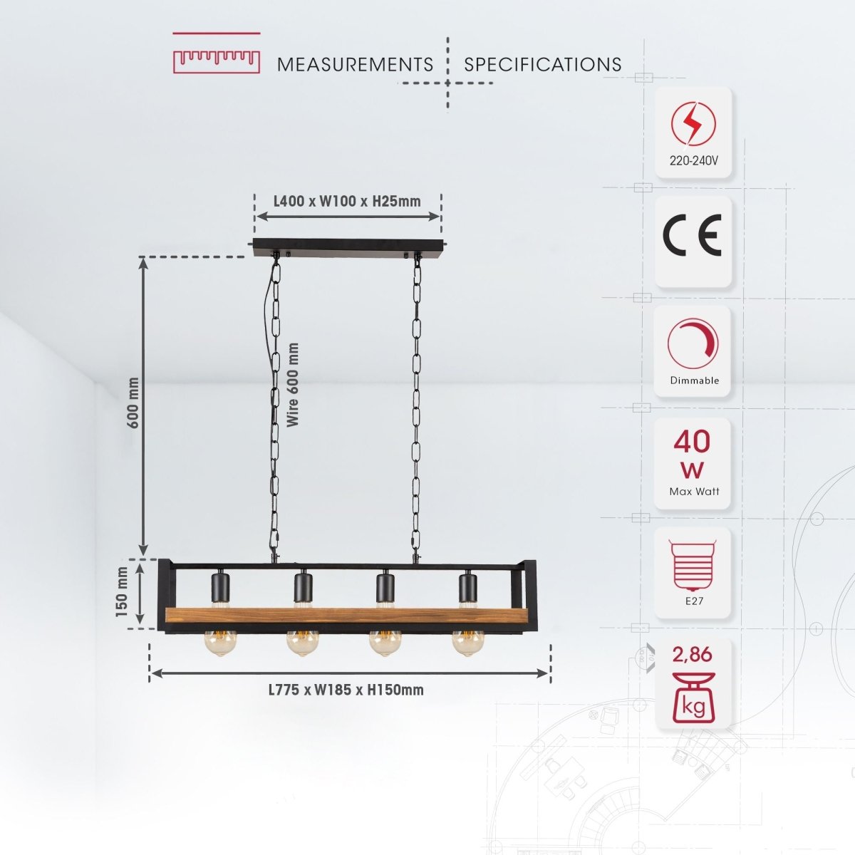 Product dimensions of black metal wood cuboid island chandelier with 4xe27 fitting 156-19520