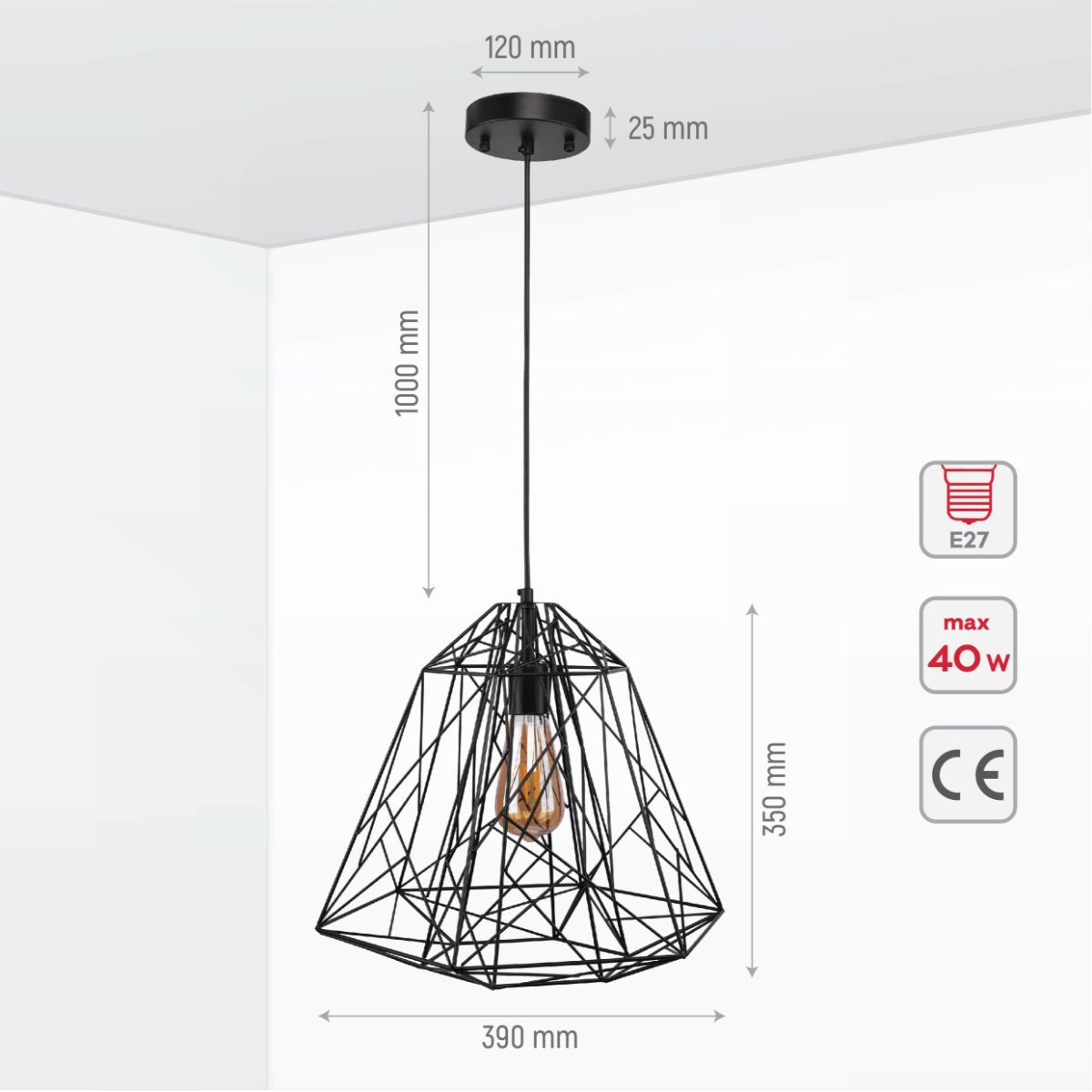 Size and specs of Black Wire Cage Pendant Ceiling Light with E27 | TEKLED 150-18087