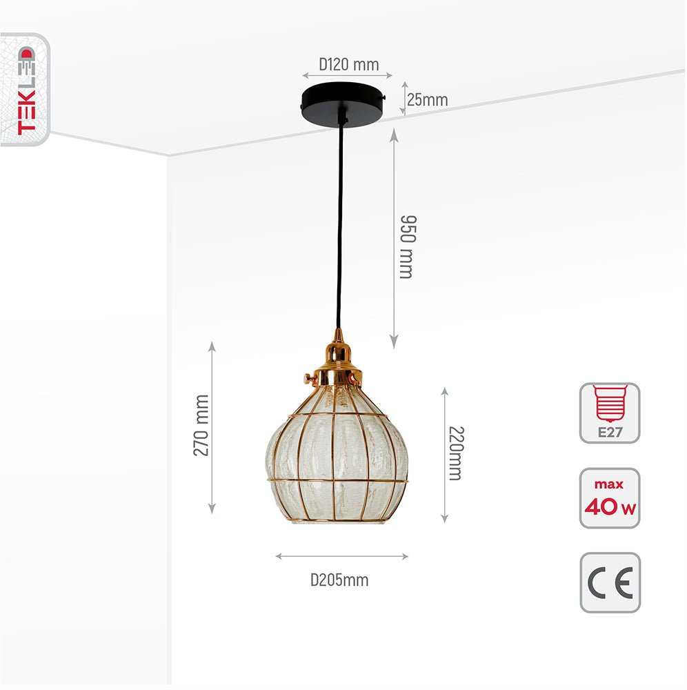 Product dimensions of caged copper metal clear glass india dome pendant light with e27 fitting