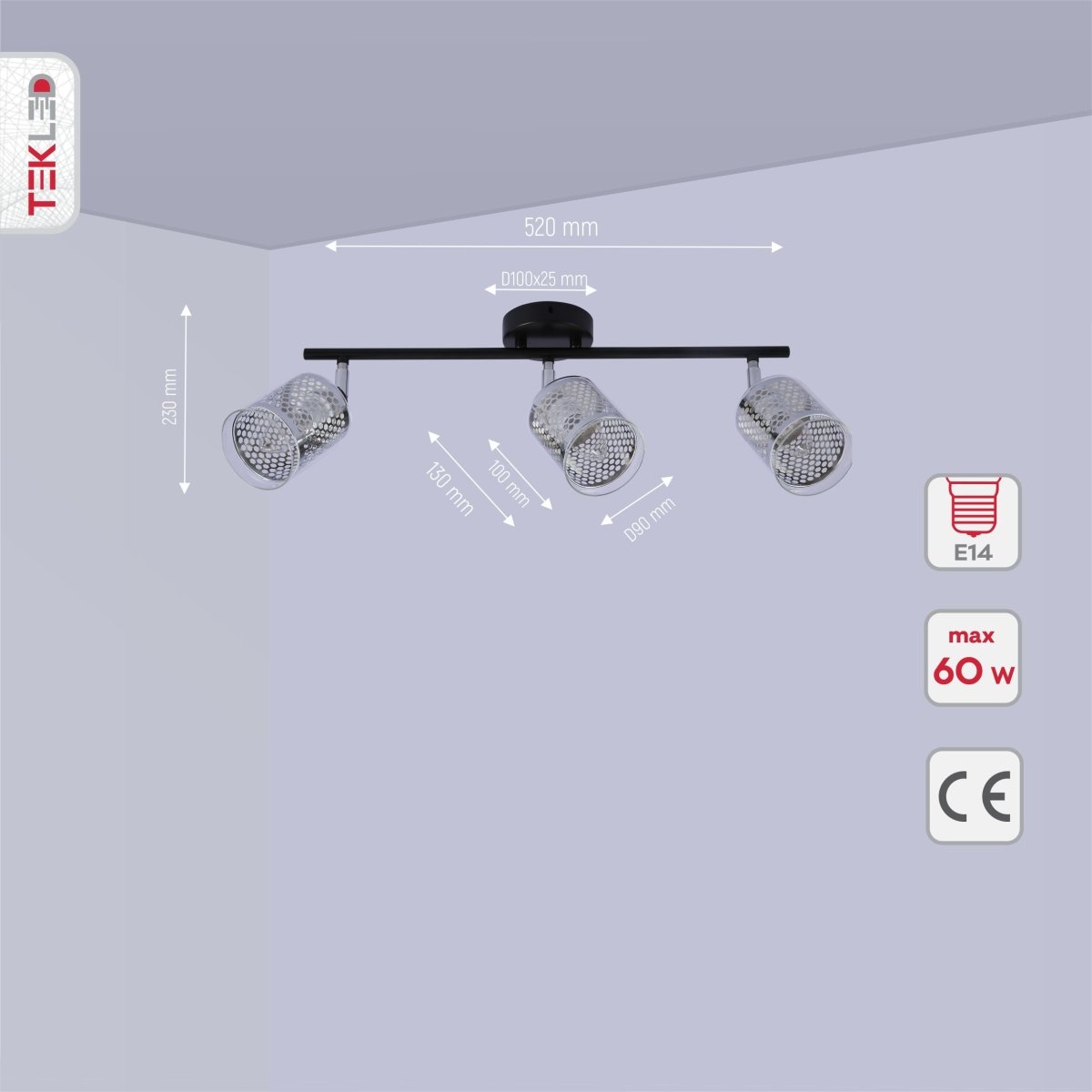 Product dimensions of chrome honeycomb black body semi flush ceiling light 3xe14