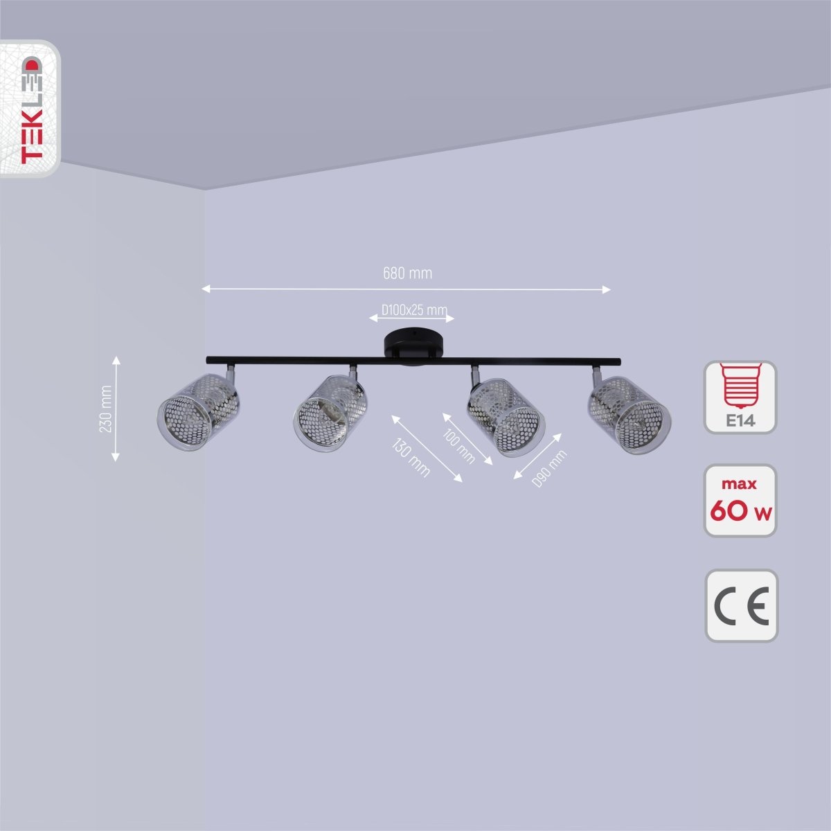 Product dimensions of chrome honeycomb black body semi flush ceiling light 4xe14