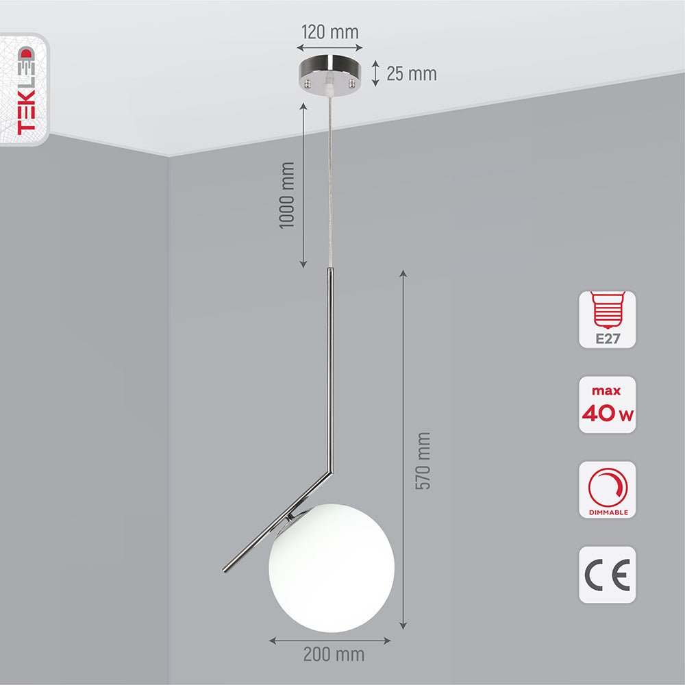 Product dimensions of chrome metal opal white glass globe pendant light s with e27 fitting