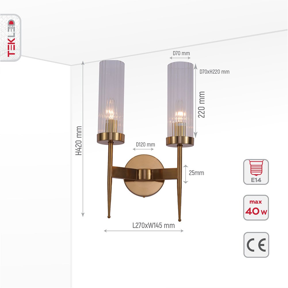 Product dimensions of Gold Aluminium Bronze Cylinder Clear Glass Wall Light with 2xE14 Fitting