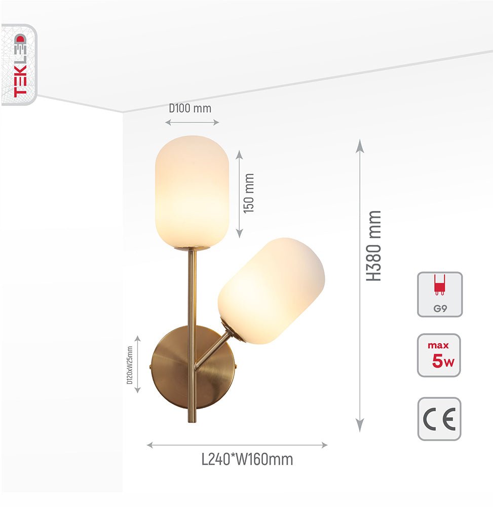 Product dimensions of Gold Aluminium Bronze Metal Opal Glass Cylinder Wall Light with 2xG9 Fitting